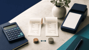 Receipts and calculator showing sales tax rounding differences