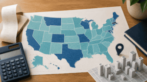 Map, receipt and calculator showing state and local sales tax layers