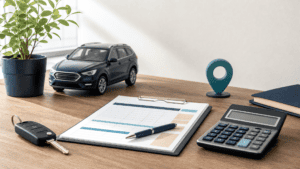 Car key, calculator and vehicle purchase worksheet for sales tax estimate