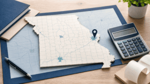 Missouri map, calculator and address pin for sales tax estimate